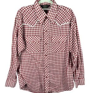 Sears Western Wear Shirt Mens Large Red Gingham Pearl Snap Vintage 50737-005